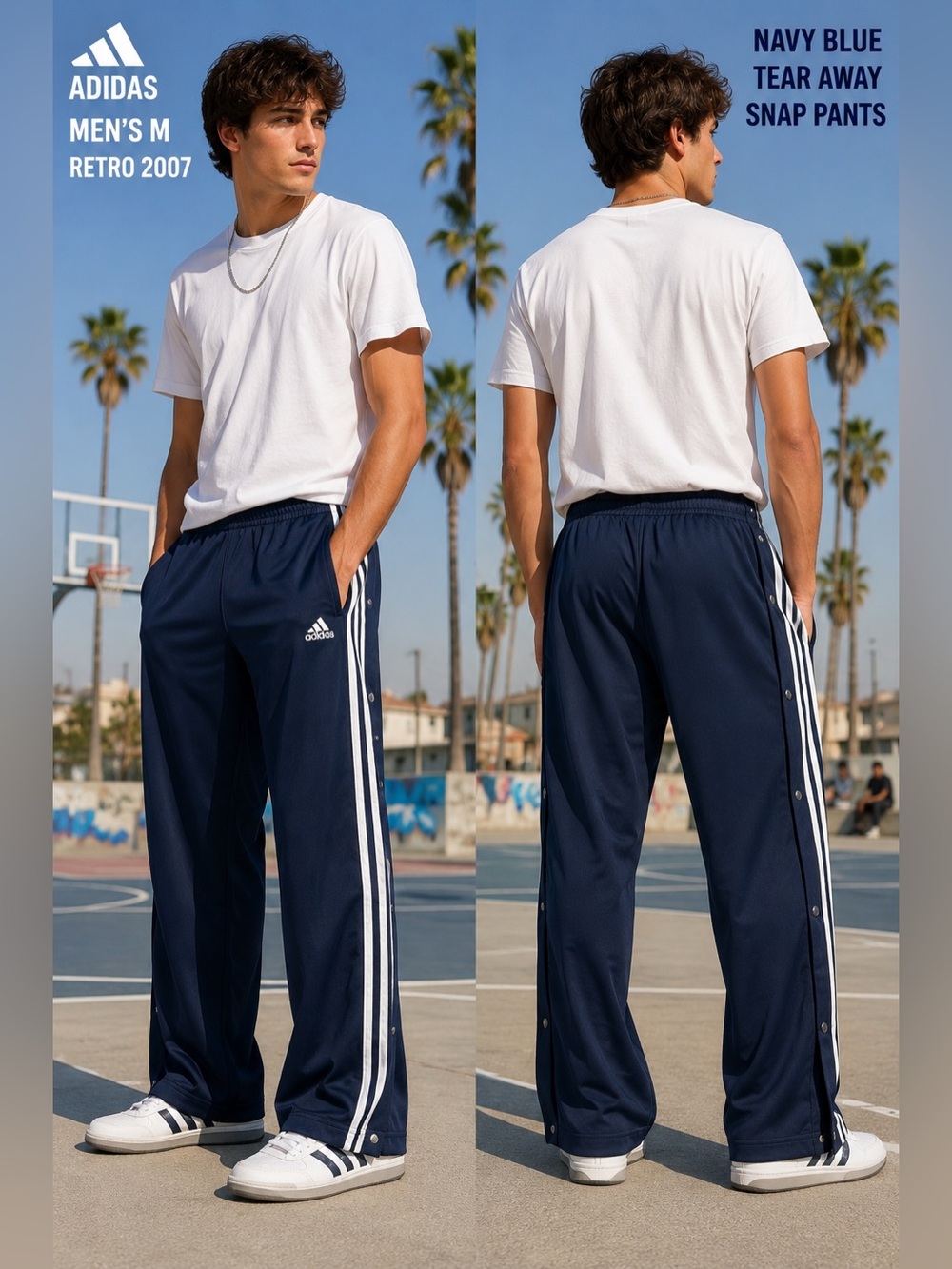 Adidas mens medium full Tear Away Snap Track Pants blue white Stripes Retro 2007